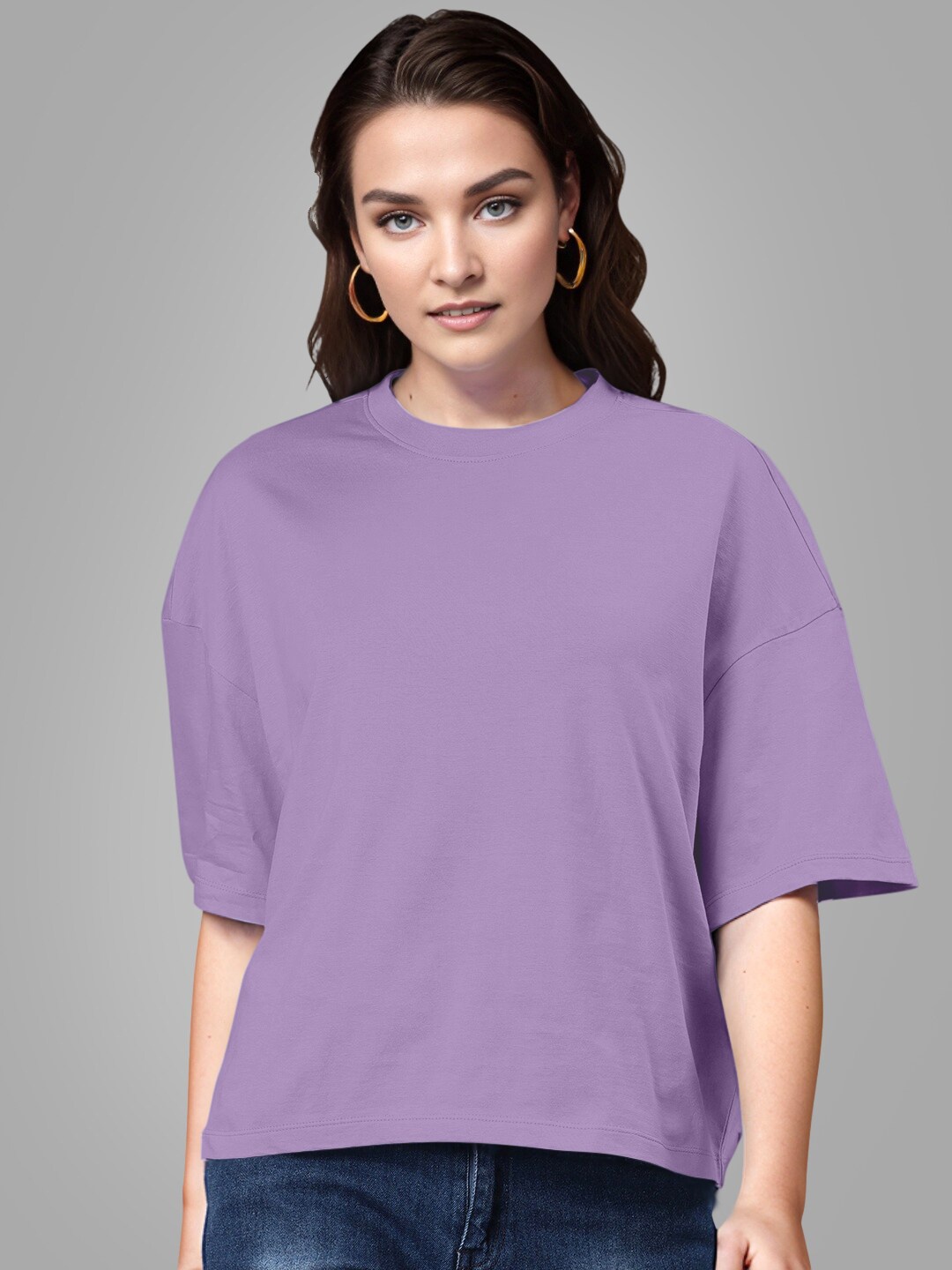 

Huetrap Drop-Shoulder Sleeves Round Neck Cotton Boxy T-shirt, Lavender