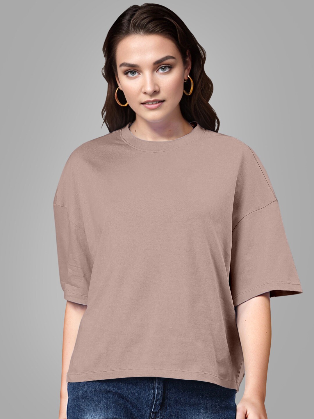 

Huetrap Drop-Shoulder Sleeves Round Neck Cotton Boxy T-shirt, Rose