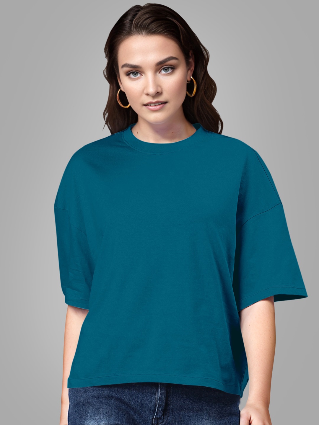 

Huetrap Drop-Shoulder Sleeves Round Neck Cotton Boxy T-shirt, Blue