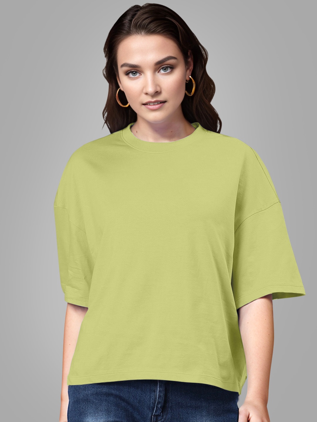 

Huetrap Drop Shoulder Sleeves Round Neck Cotton Boxy T-shirt, Olive