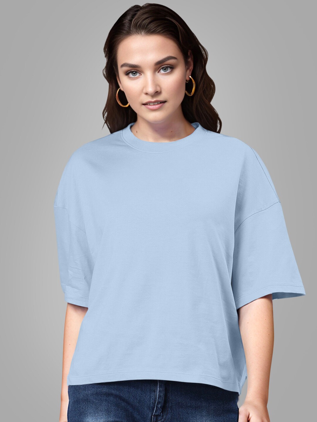 

Huetrap Drop Shoulder Sleeves Round Neck Cotton Boxy T-shirt, Blue