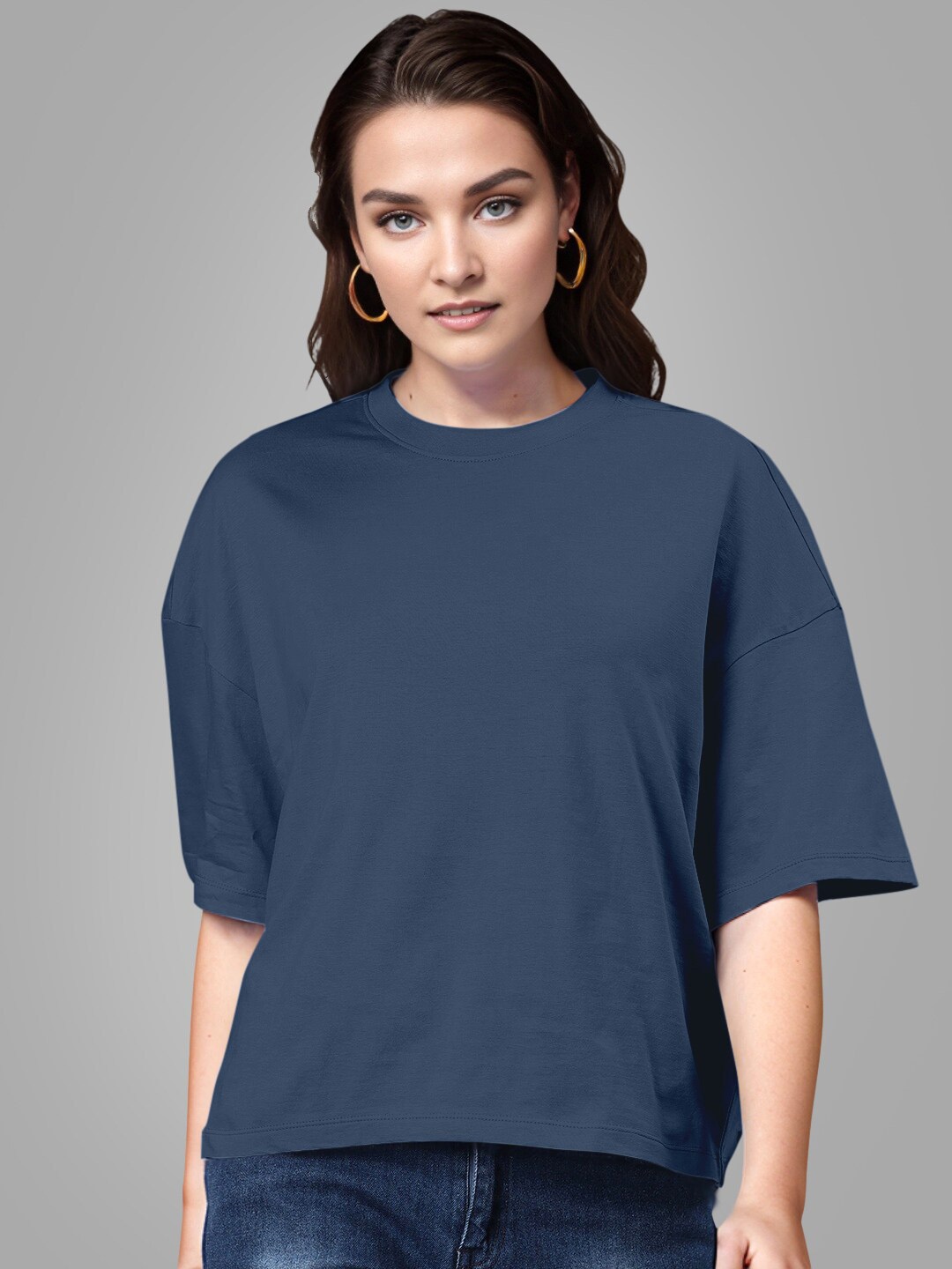 

Huetrap Drop Shoulder Sleeves Round Neck Cotton Boxy T-shirt, Navy blue