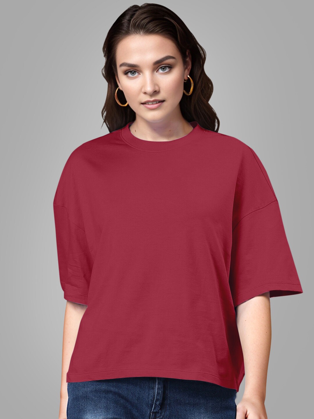 

Huetrap Drop Shoulder Sleeves Round Neck Cotton Boxy T-shirt, Maroon