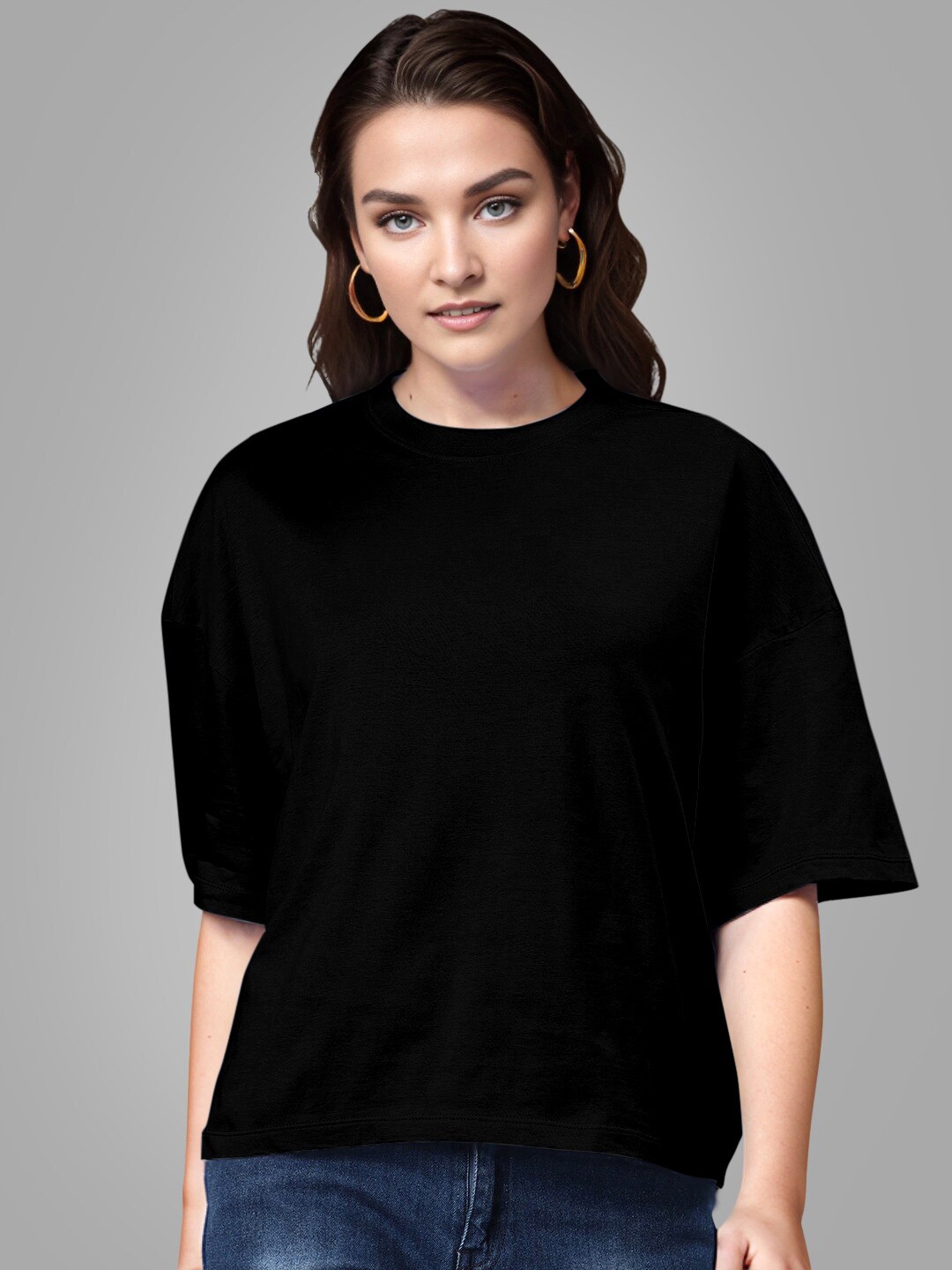 

Huetrap Drop Shoulder Sleeves Round Neck Cotton Boxy T-shirt, Black