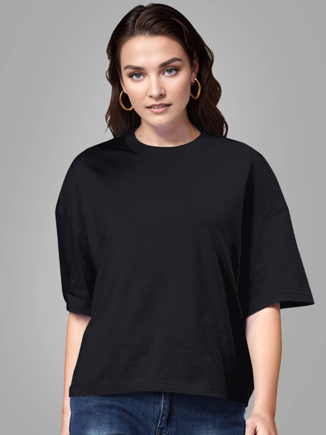 

Huetrap Drop Shoulder Sleeves Round Neck Cotton Boxy T-shirt, Charcoal