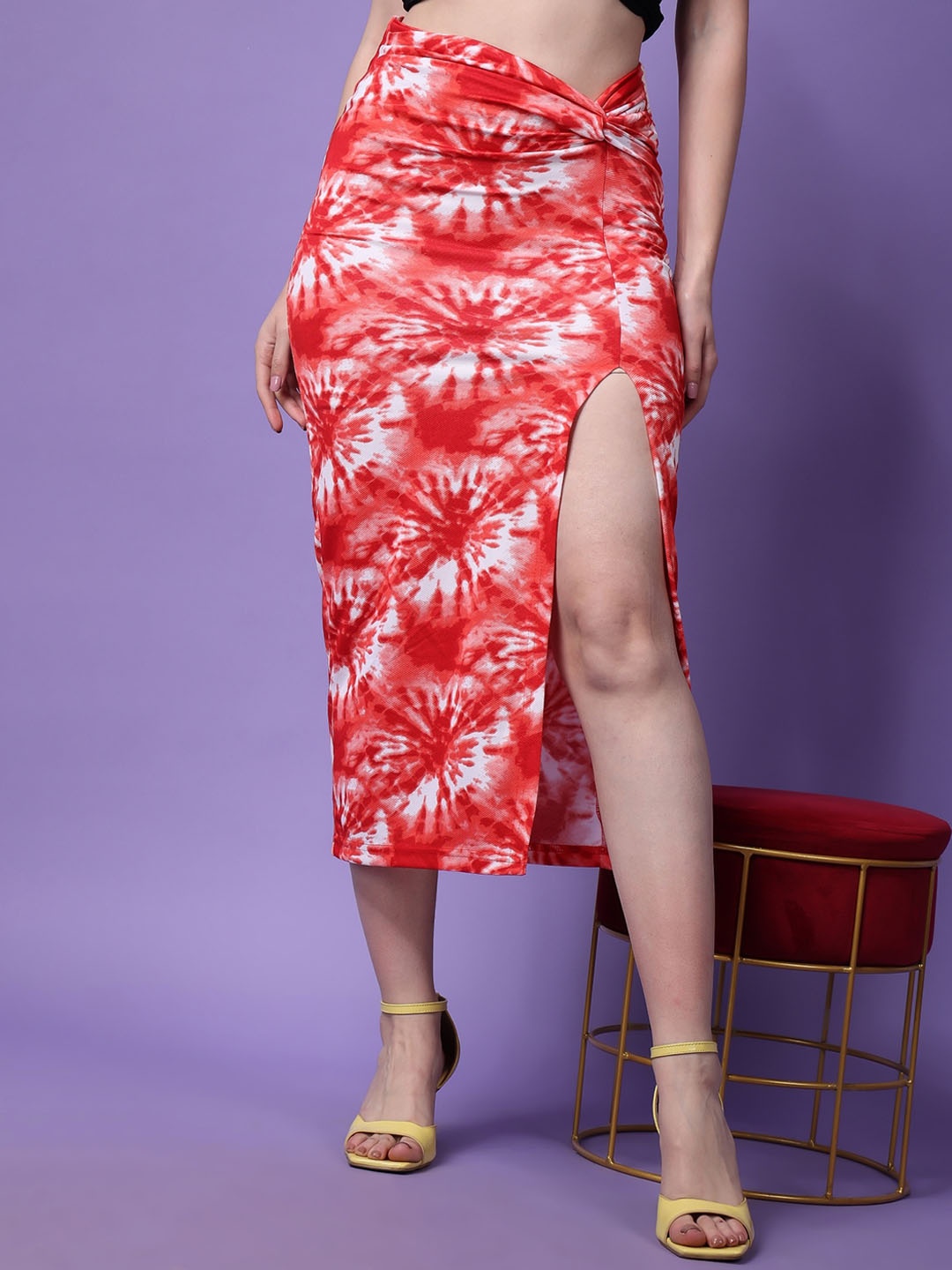 

Popwings Abstract Printed Pencil Midi Skirt, Red