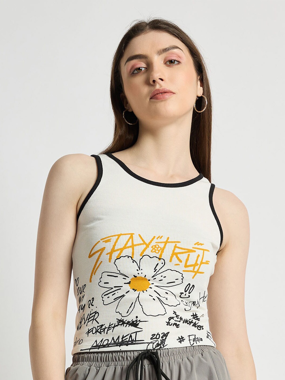 

EDRIO Typography Print Round Neck Sleeveless Cotton Tank Top, White