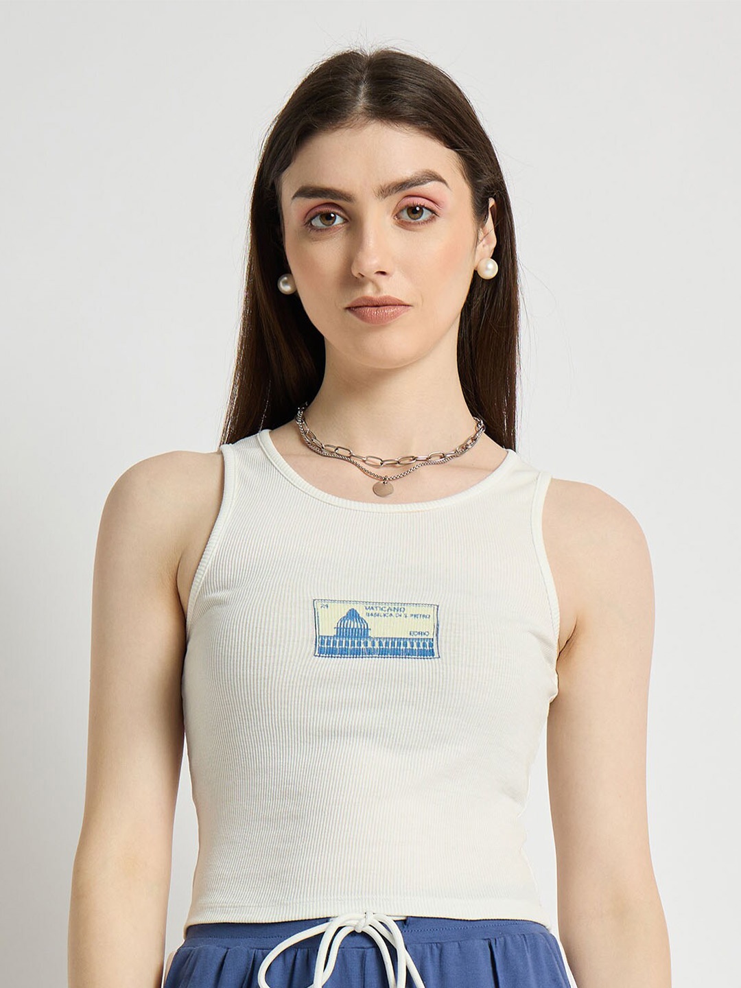 

EDRIO Graphic Print Round Neck Sleeveless Cotton Tank Top, White