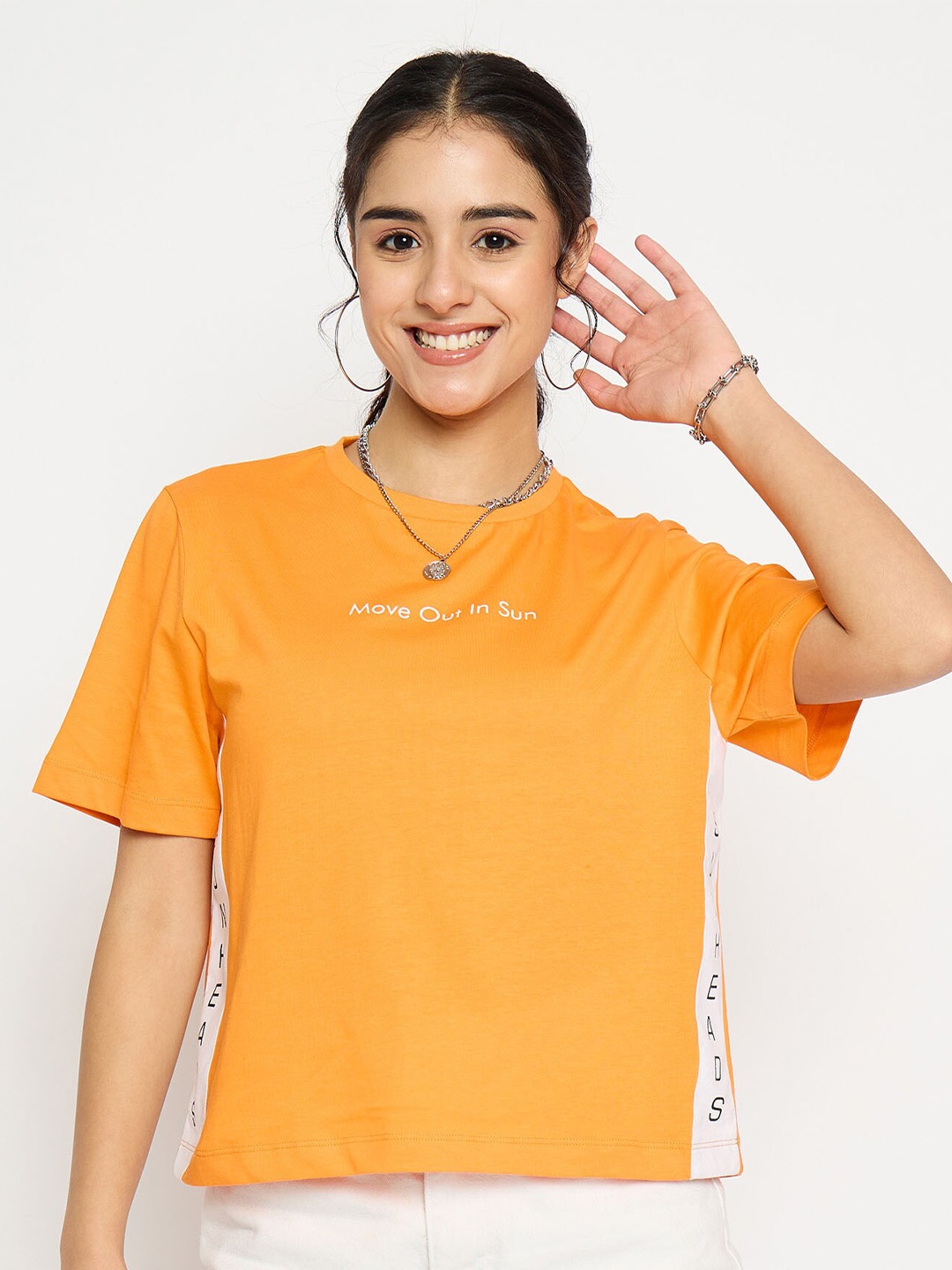 

EDRIO Typography Printed Round Neck Short Sleeves Cotton Top, Orange