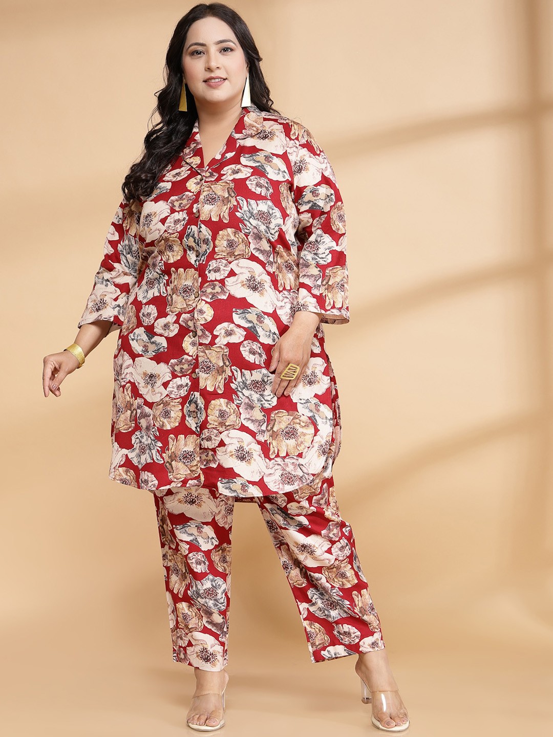 

Sringam Plus Size Printed Tunic Top And Trouser Co-Ords, Maroon
