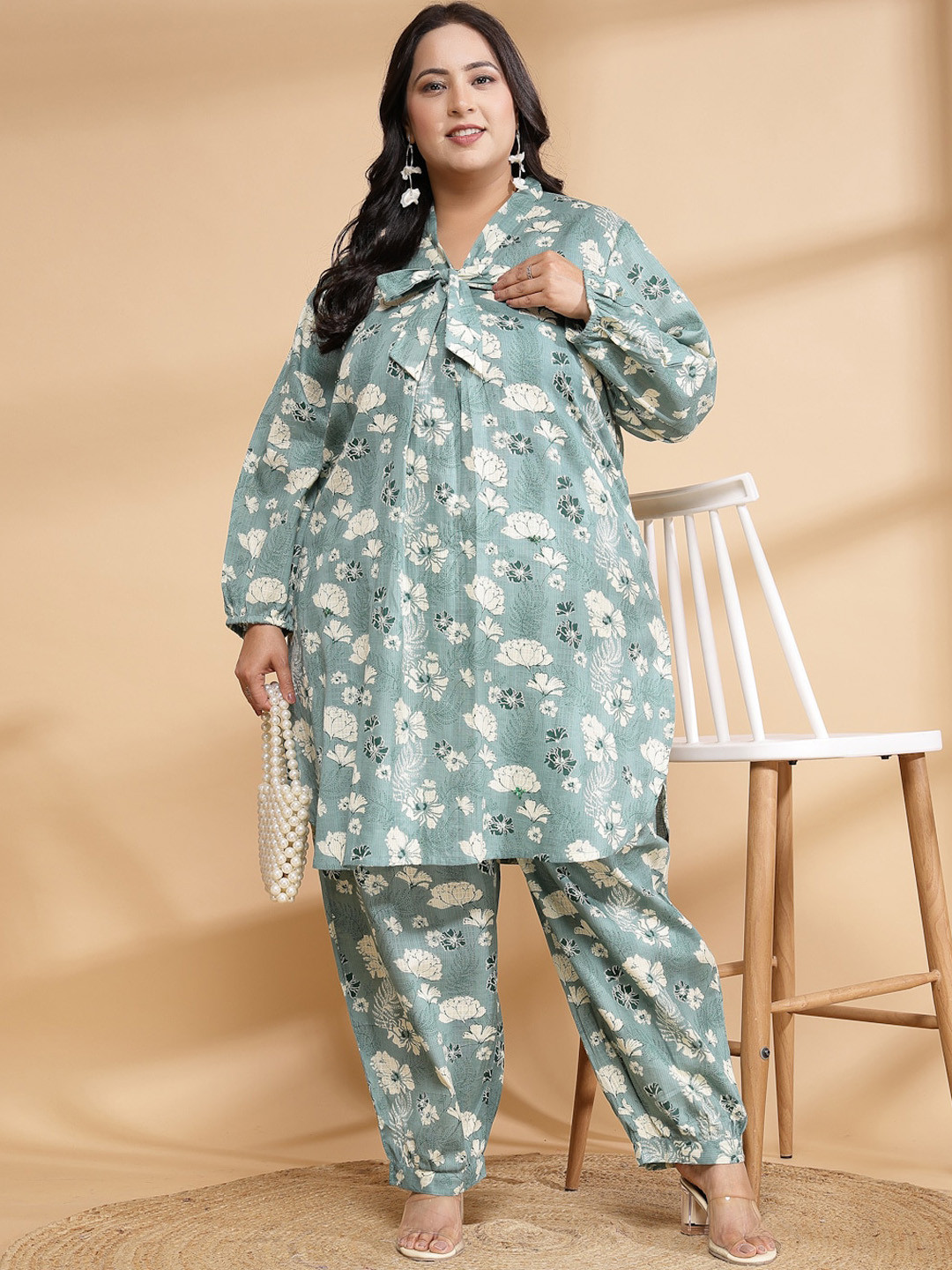 

Sringam Plus Size Printed Pure Cotton Tunic With Trousers Co-Ords, Green