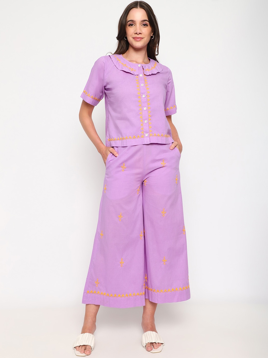 

Sringam Embroidered Pure Cotton Top With Palazzo Co-Ords, Purple