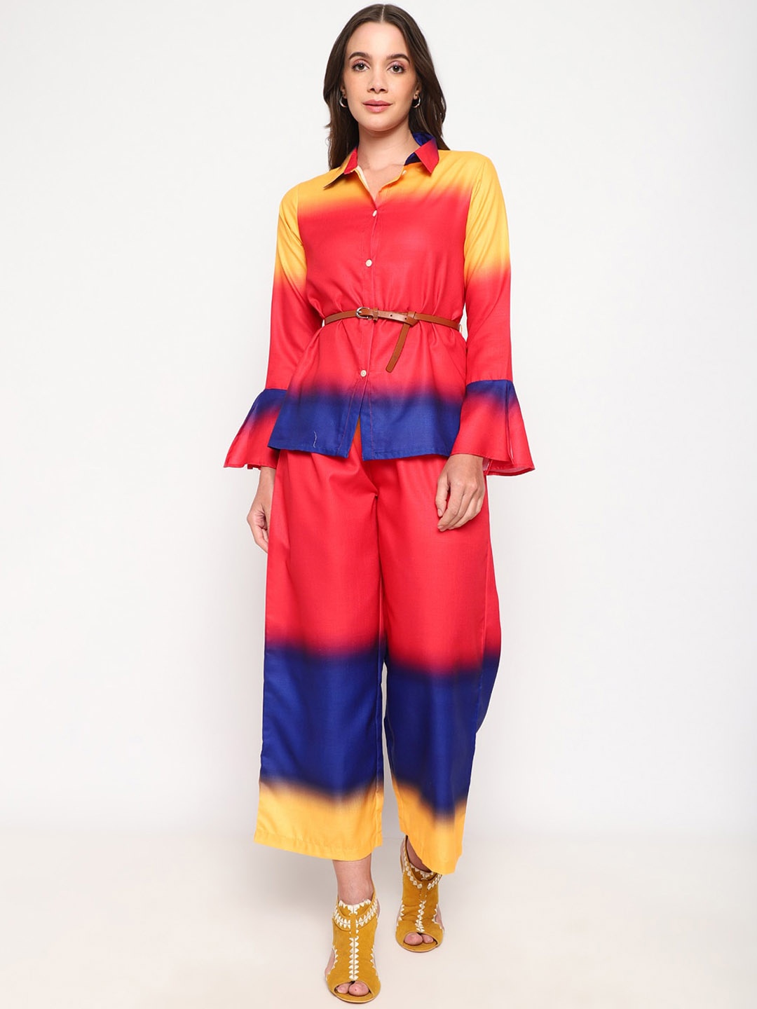 

Sringam Colourblocked Shirt With Trousers Co-Ords, Red