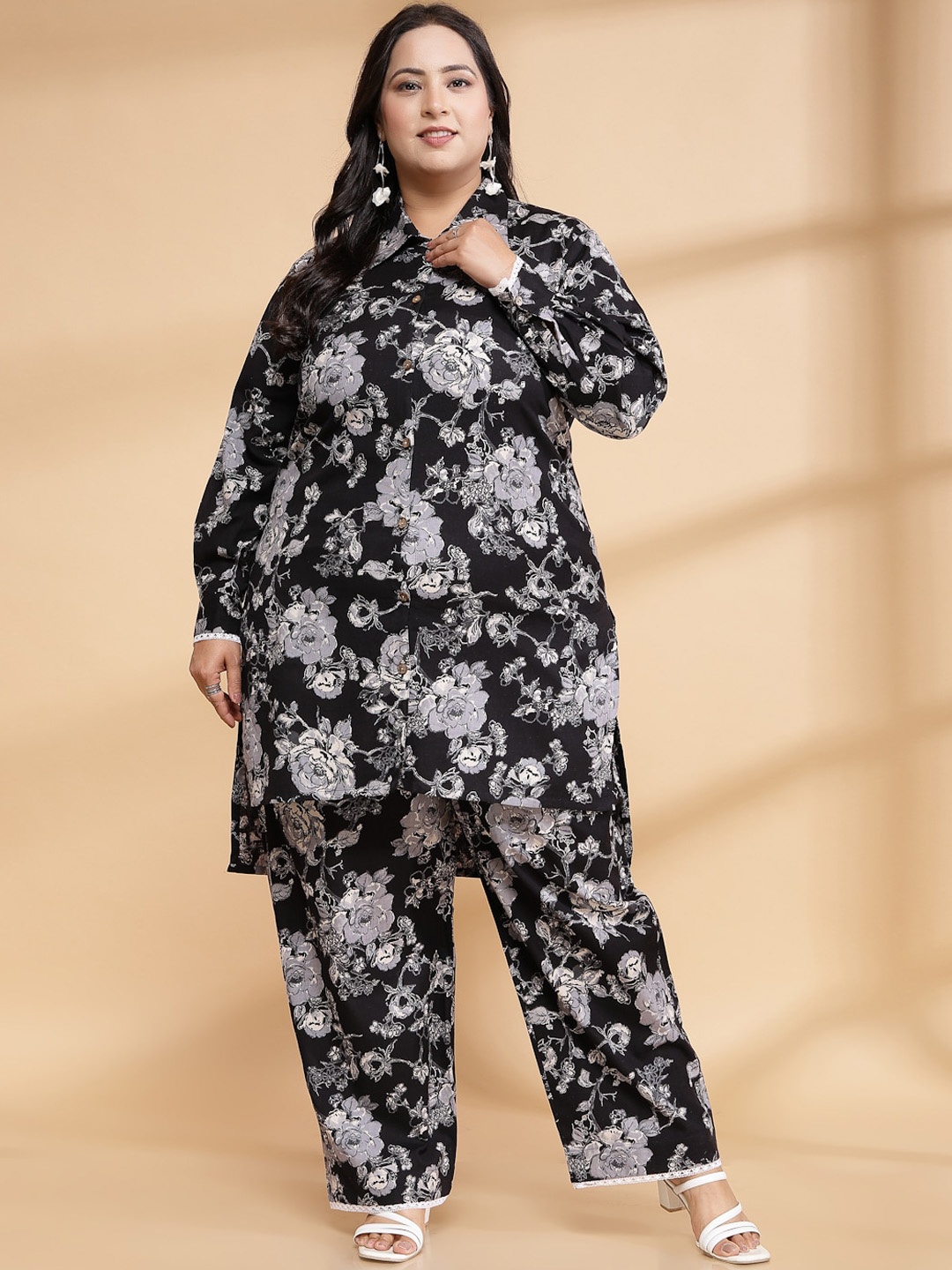 

Sringam Plus Size Printed Pure Cotton Tunic With Trousers Co-Ords, Black