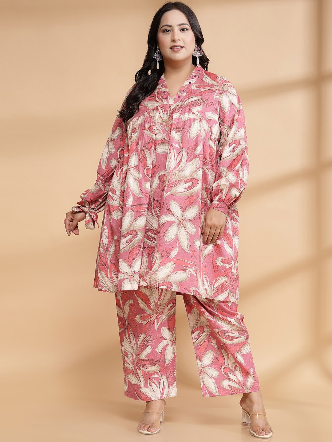 

Sringam Plus Size Printed Pure Cotton Tunic With Trousers Co-Ords, Pink