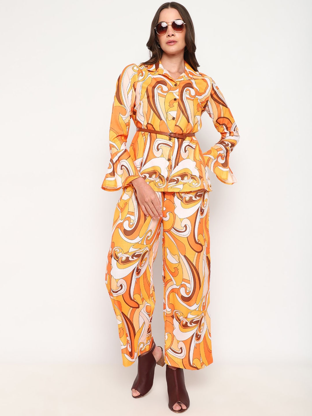 

Sringam Printed Pure Cotton Shirt With Trousers Co-Ords, Yellow