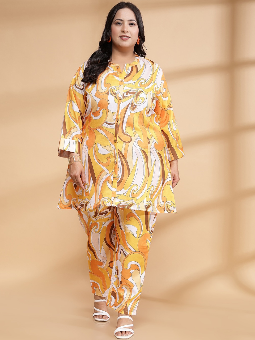 Sringam Printed Pure Cotton Tunic With Trousers Plus Size Co-Ords, Yellow