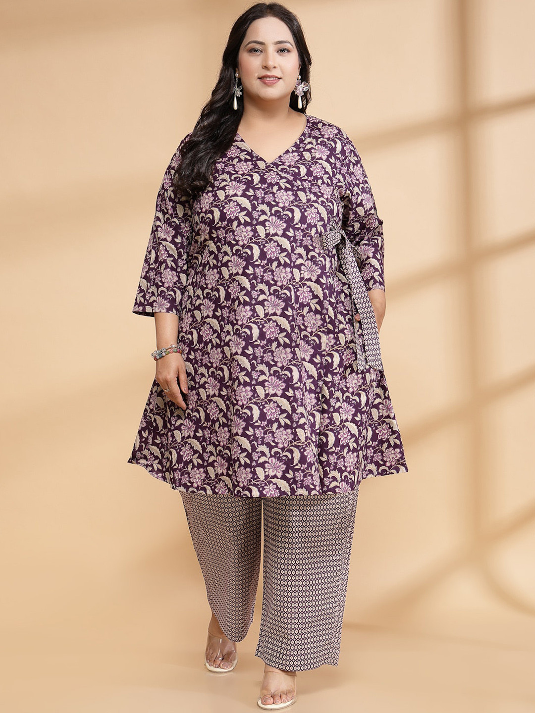 

Sringam Plus Size Printed Pure Cotton Tunic With Trousers Co-Ords, Purple