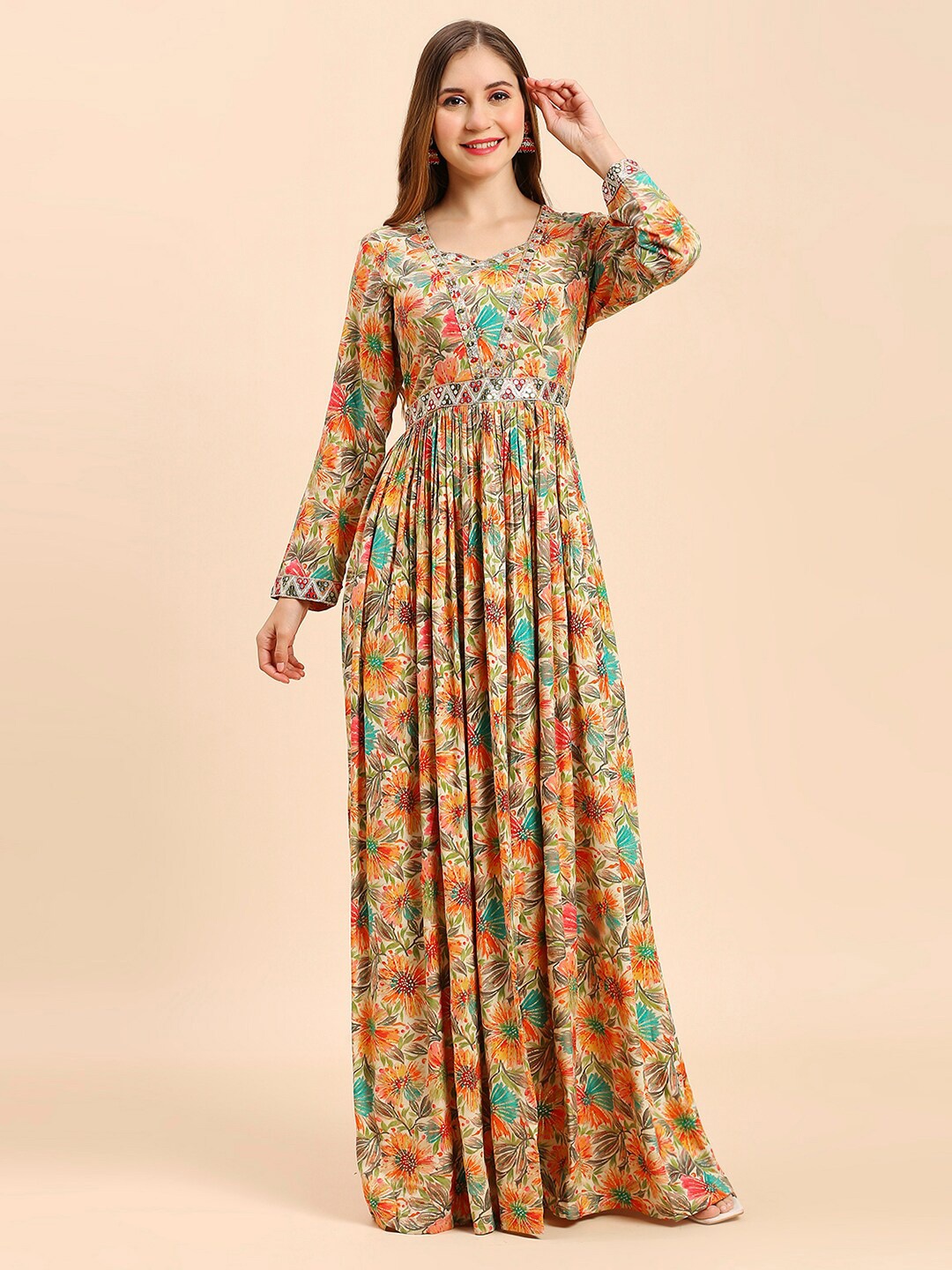 

MADHURAM Floral Printed Maxi Ethnic Dress, Yellow