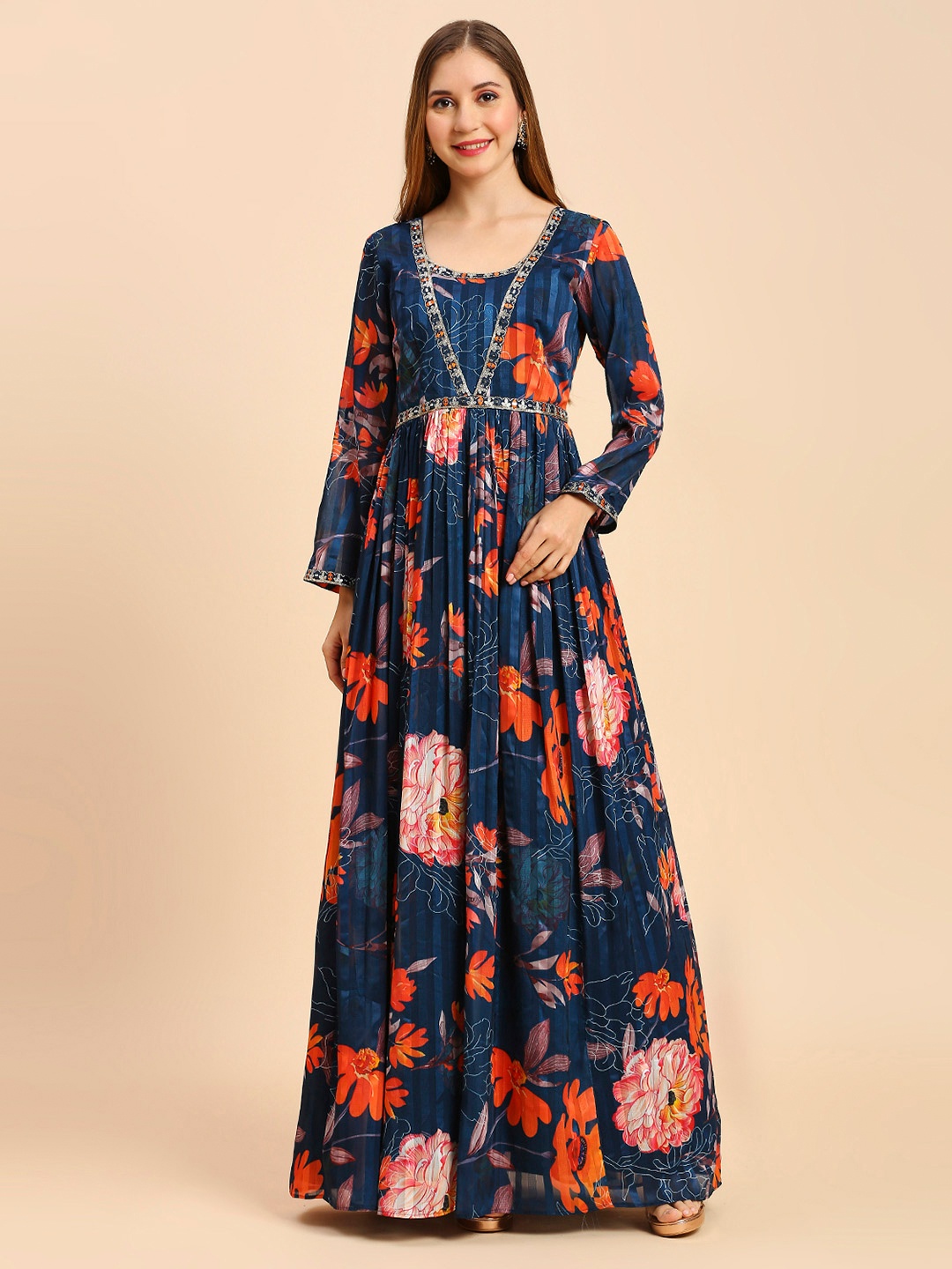 

MADHURAM Floral Printed Satin Maxi Ethnic Dress, Blue