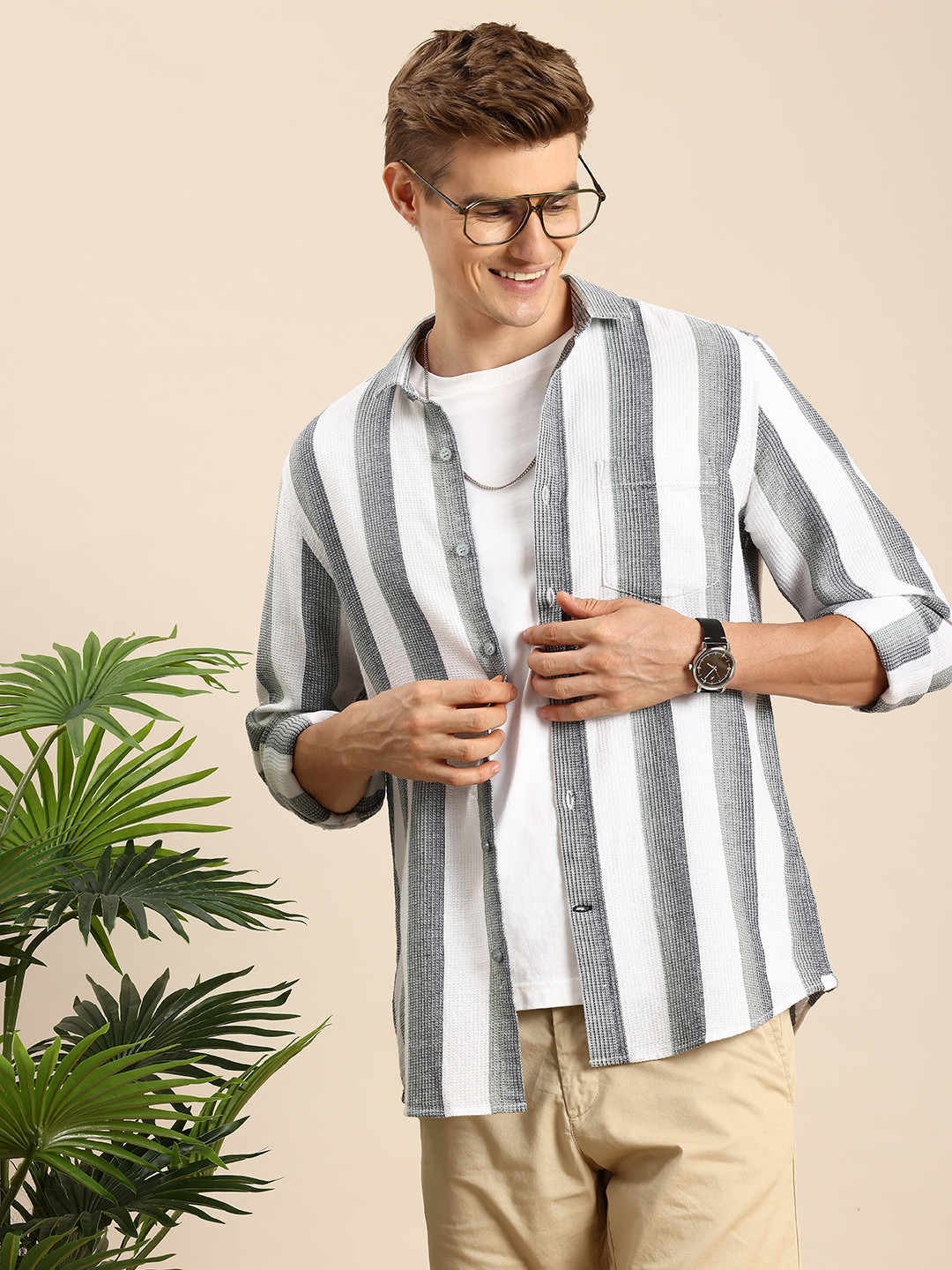 

Mast & Harbour Men Standard Striped Pure Cotton Casual Shirt, Green