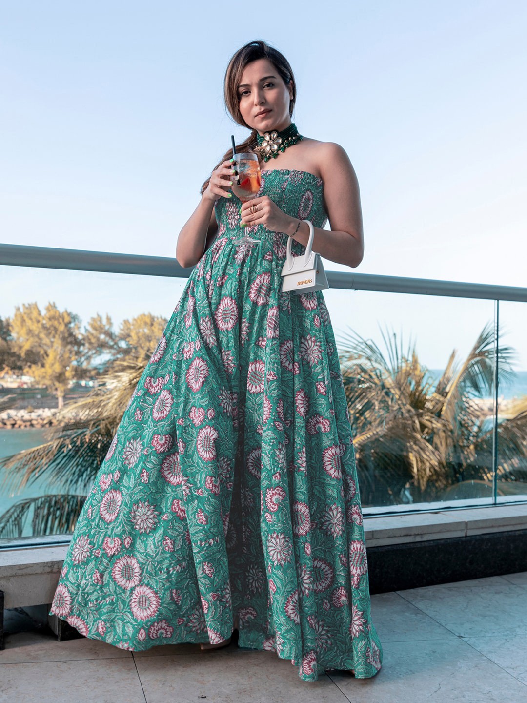 

Ziva Fashion Floral Printed Strapless Smocked Fit and Flare Maxi Dress, Green