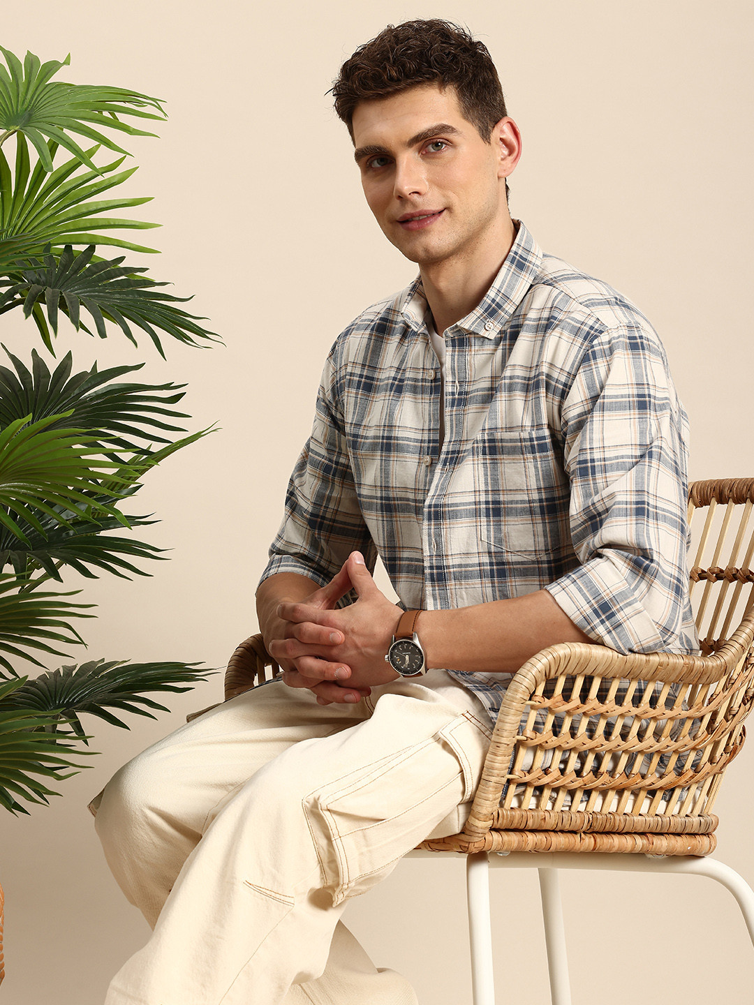 

Mast & Harbour Men Standard Checked Casual Shirt, Beige
