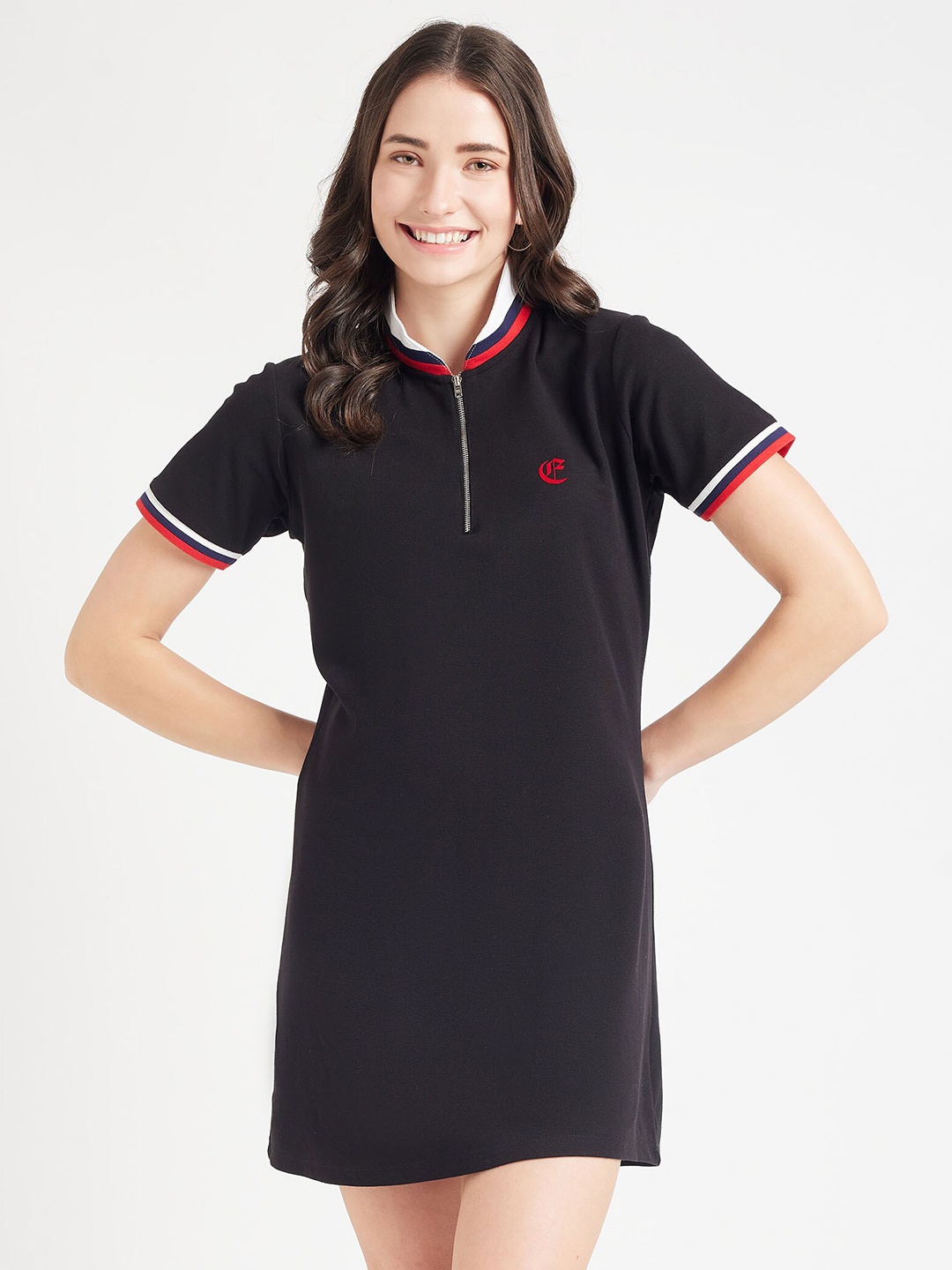 

EDRIO Zipper Polo T-shirt Dress, Black