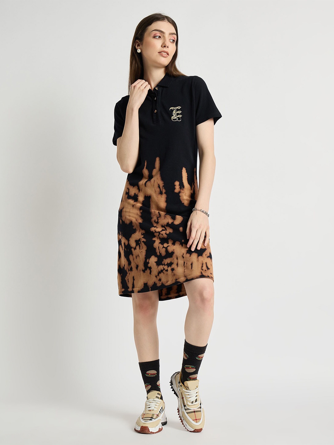 

EDRIO Printed Polo Collar T-shirt Dress, Black