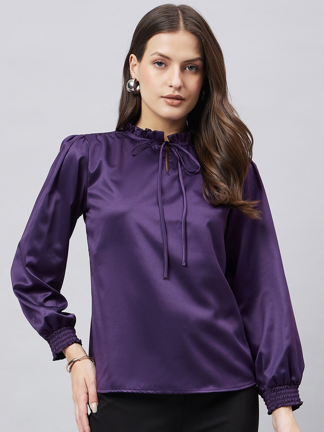 

Style Quotient Tie-Up Neck Long Sleeves Satin Top, Purple