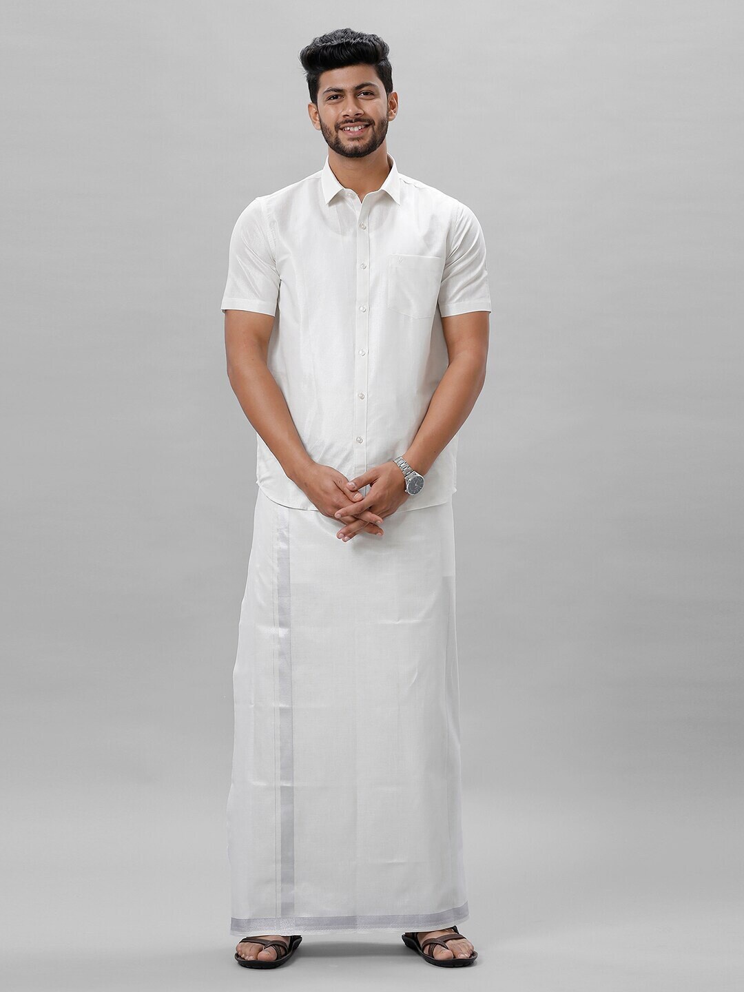 

Ramraj Men Short Sleeve Shirt & Zari Border Dhoti, White