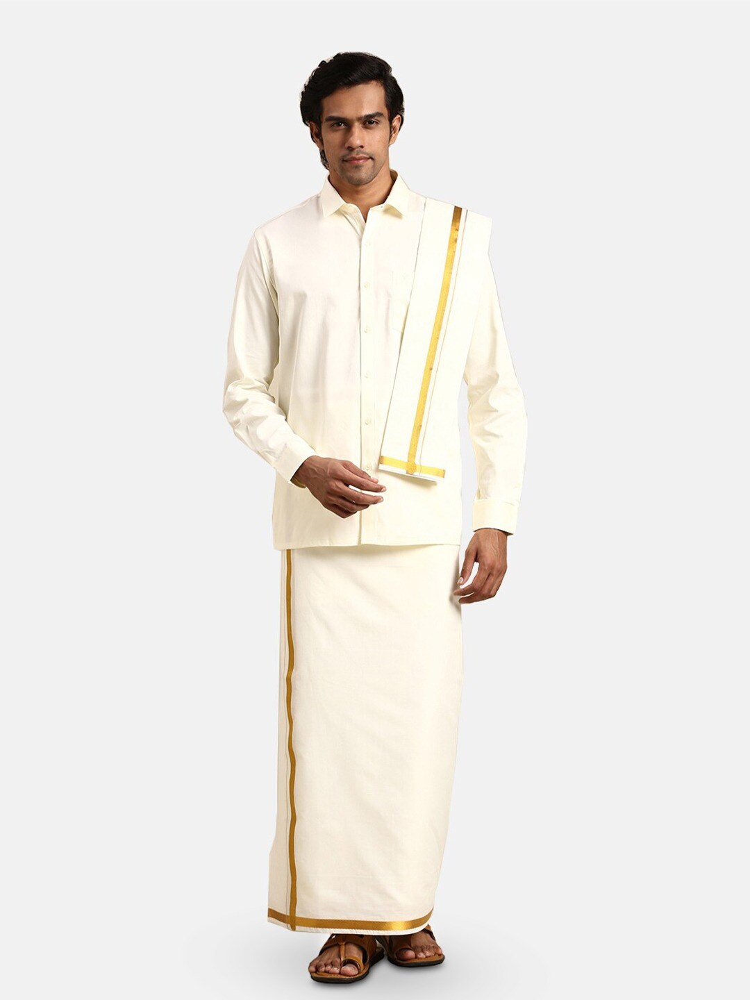 

Ramraj Long Sleeves Pure Cotton Shirt With Golden jari Veshti & Angavastra, Cream