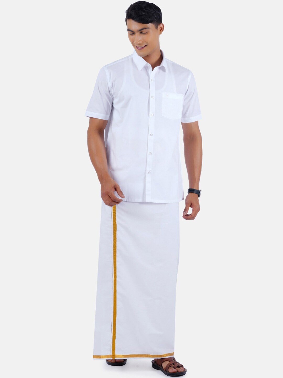 

Ramraj Short Sleeves Shirt With Golden Zari Veshti, White
