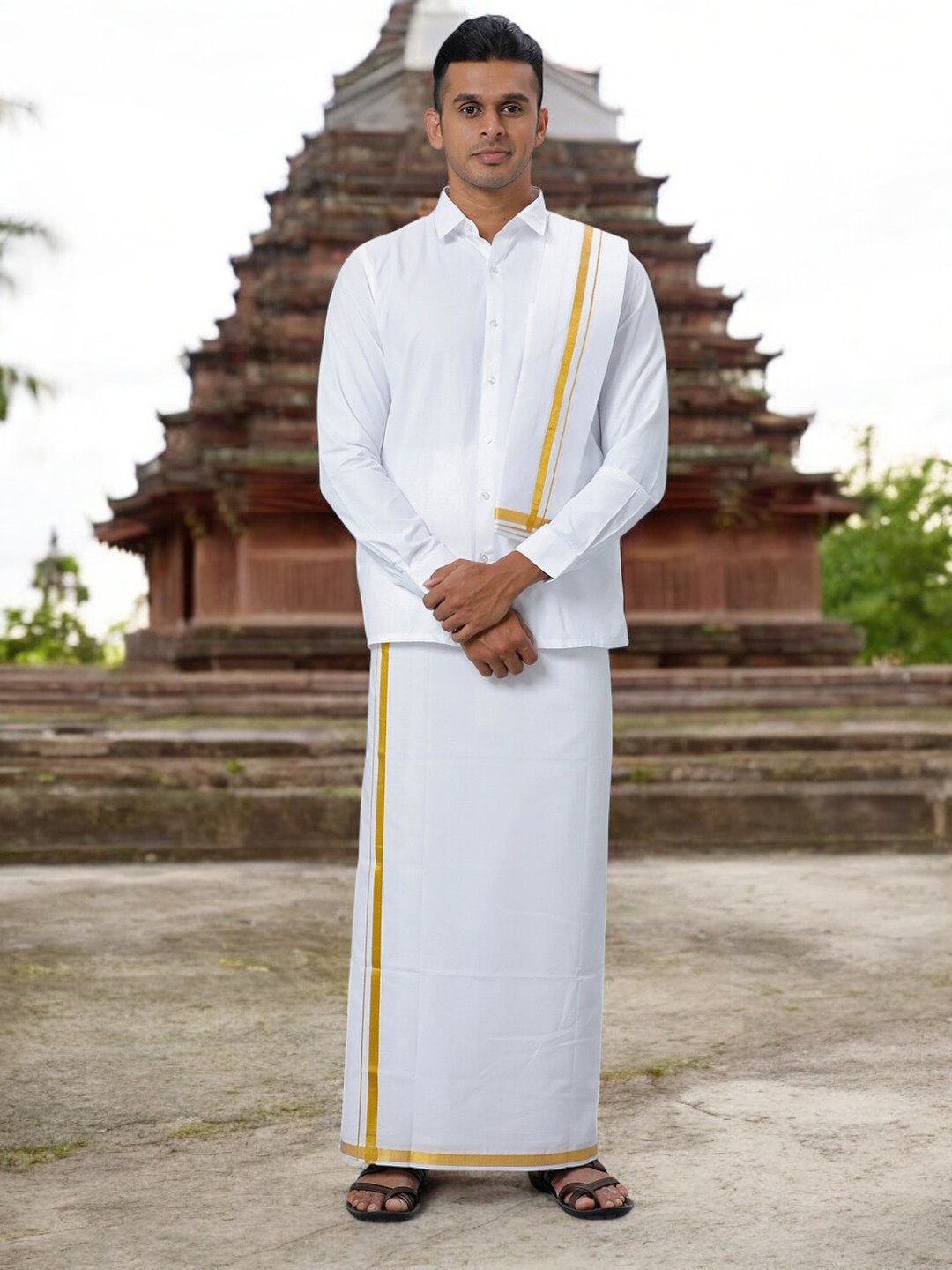 

Ramraj Men Pure Cotton Shirt And Single Dhoti With Towel & Belt, White