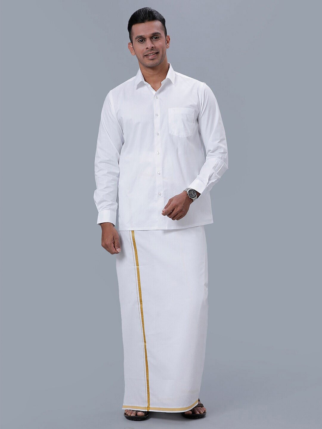 

Ramraj Men Pure Cotton Long Sleeve Shirt with Zari Border Veshti, White