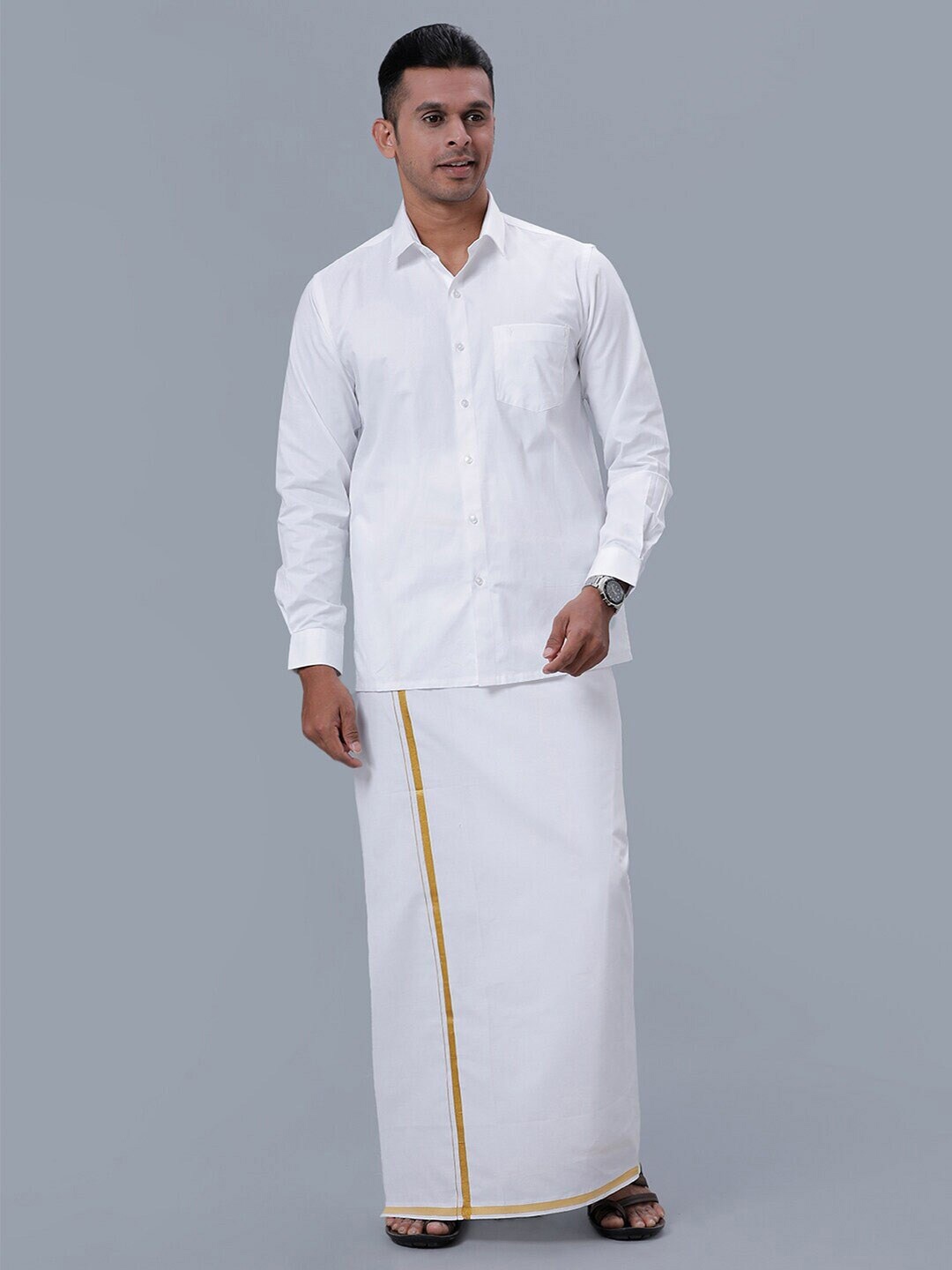 

Ramraj Men Pure Cotton Long Sleeve Shirt with Zari Border Veshti, White