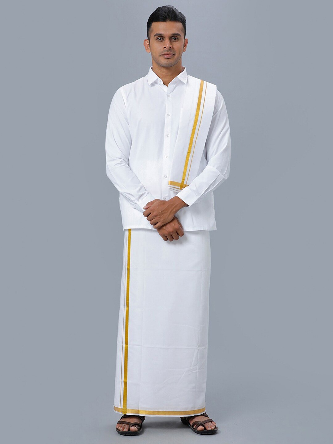 

Ramraj Long Sleeves Pure Cotton Shirt With Golden jari Veshti & Angavastram, White