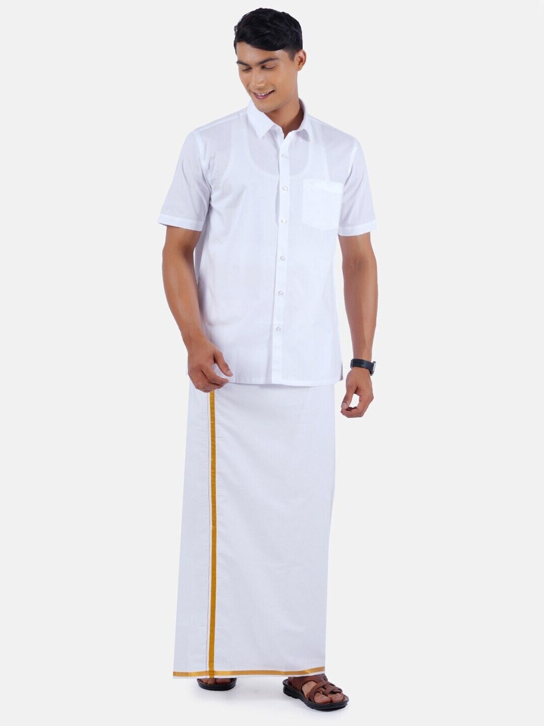 

Ramraj Short Sleeves Shirt With Golden Jari Veshti, White