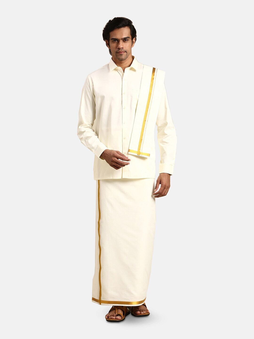 

Ramraj Long Sleeves Pure Cotton Shirt With Golden jari Veshti & Angavastra, Cream