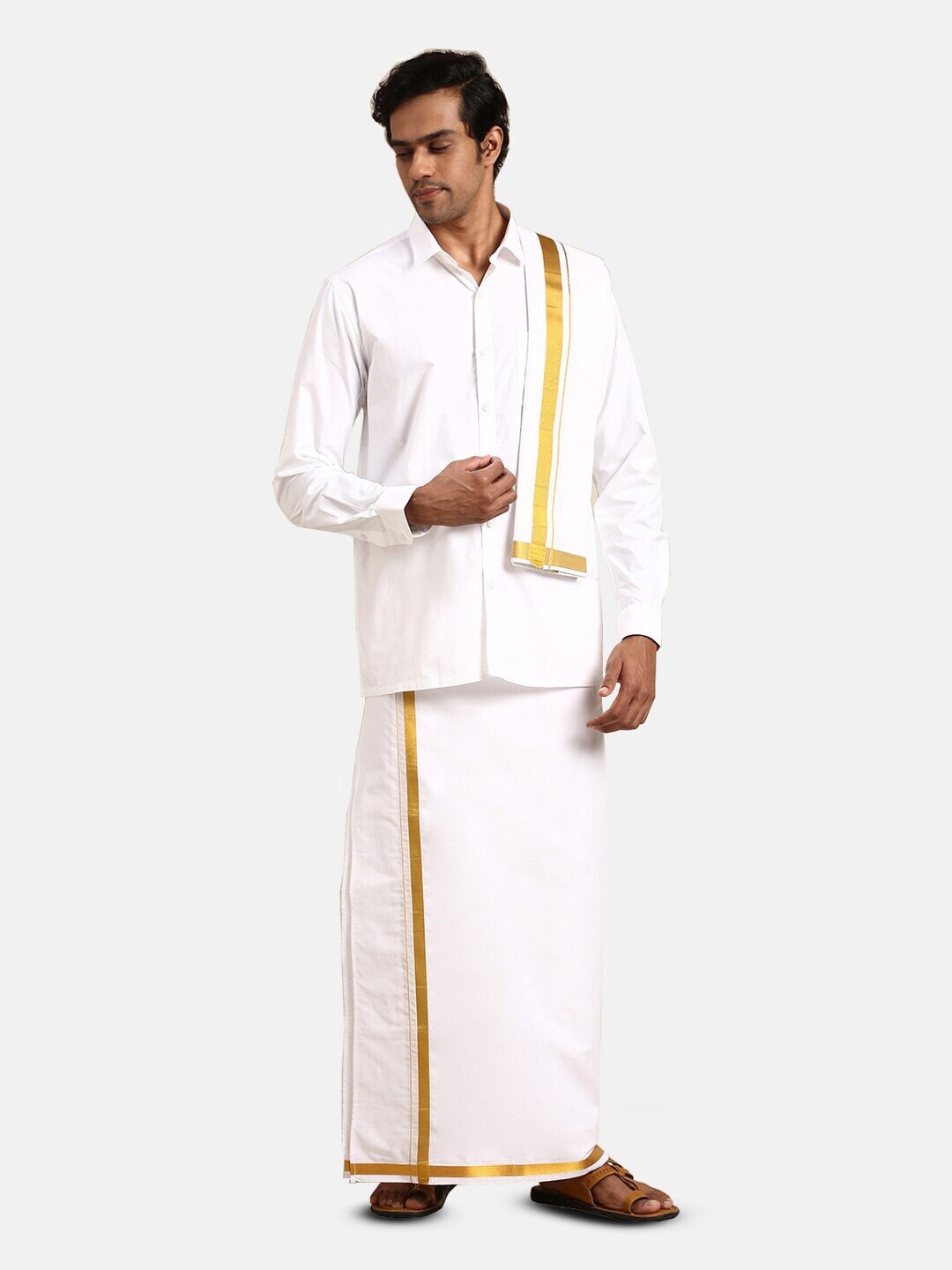

Ramraj Men Pure Cotton Shirt And Double Dhoti With Towel & Belt, White