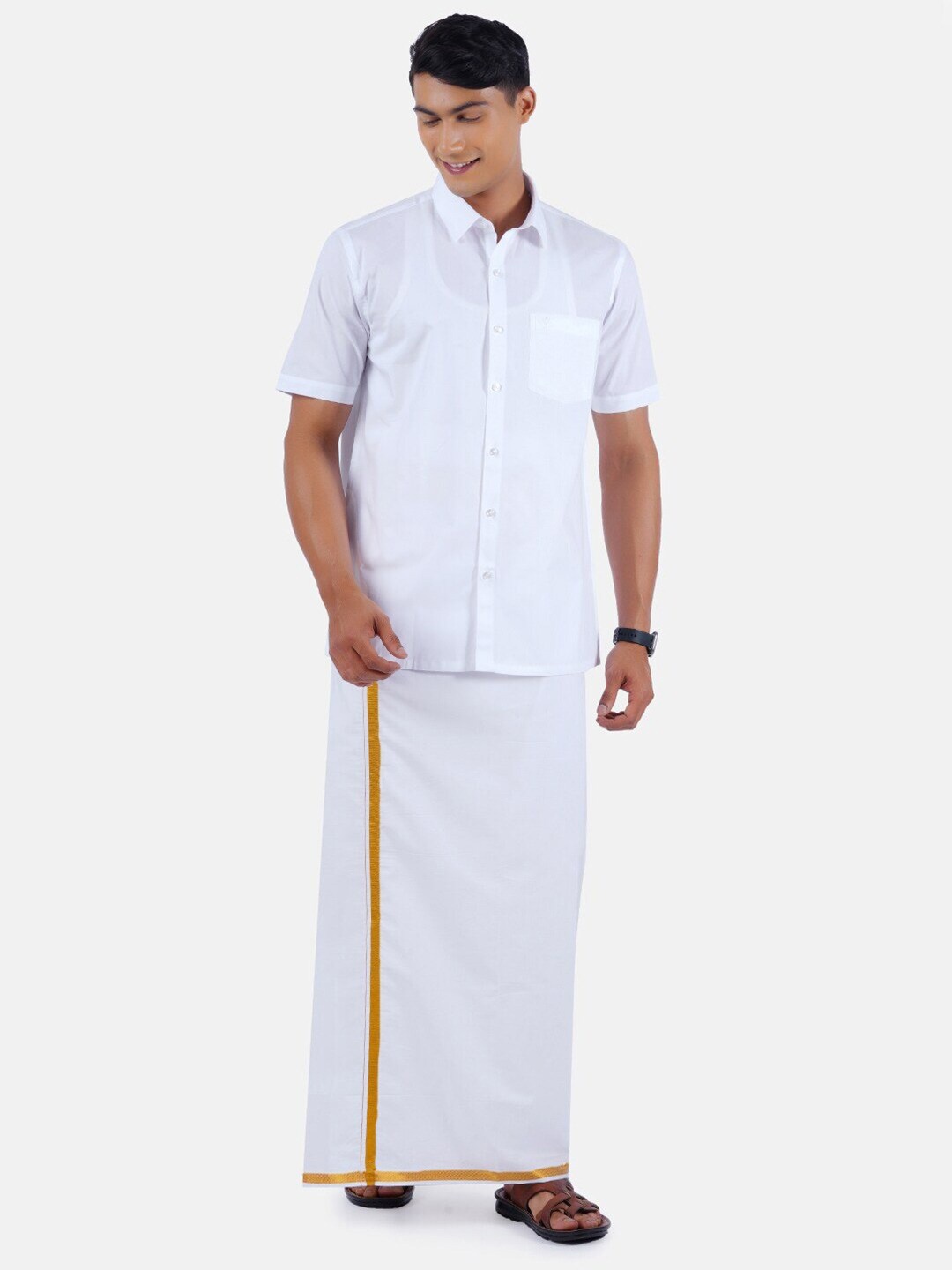 

Ramraj Short Sleeves Shirt With Golden Zari Dhoti, White