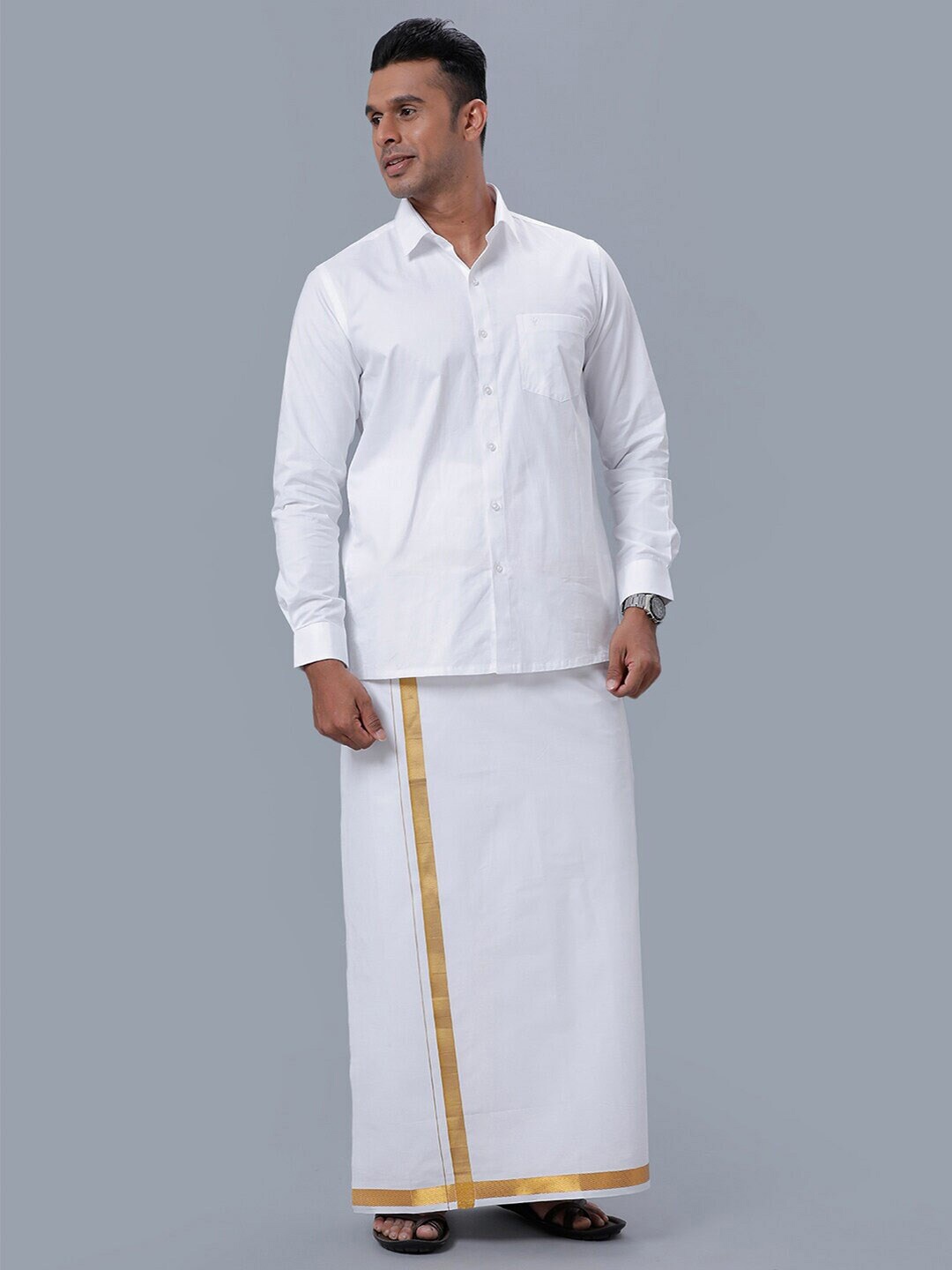 

Ramraj Long Sleeves Pure Cotton Shirt With Golden Jari Veshti, White