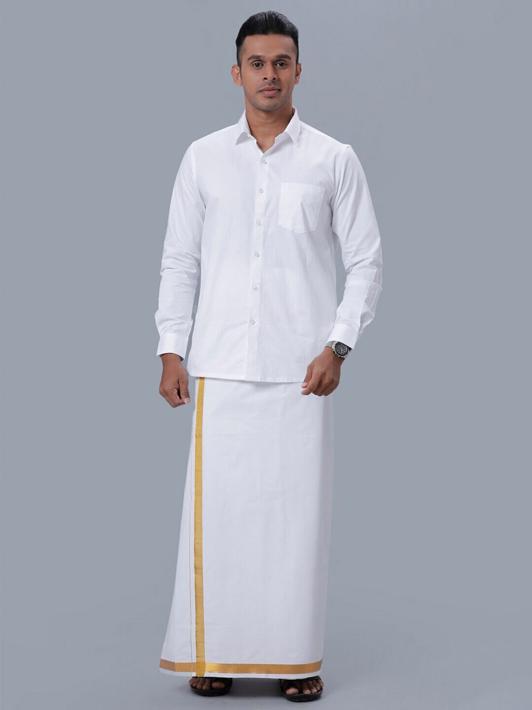 

Ramraj Men Pure Cotton Long Sleeve Shirt with Zari Border Veshti, White