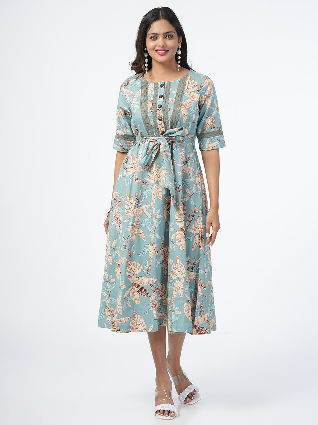 

Genius18 Floral Printed Round Neck Fit & Flare Midi Dress, Turquoise blue