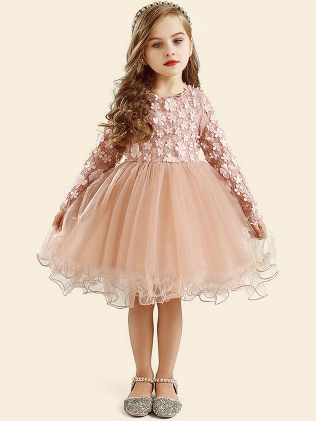 

INCLUD Girls Self Design Embellished Round Neck A-Line Party Dress, Pink