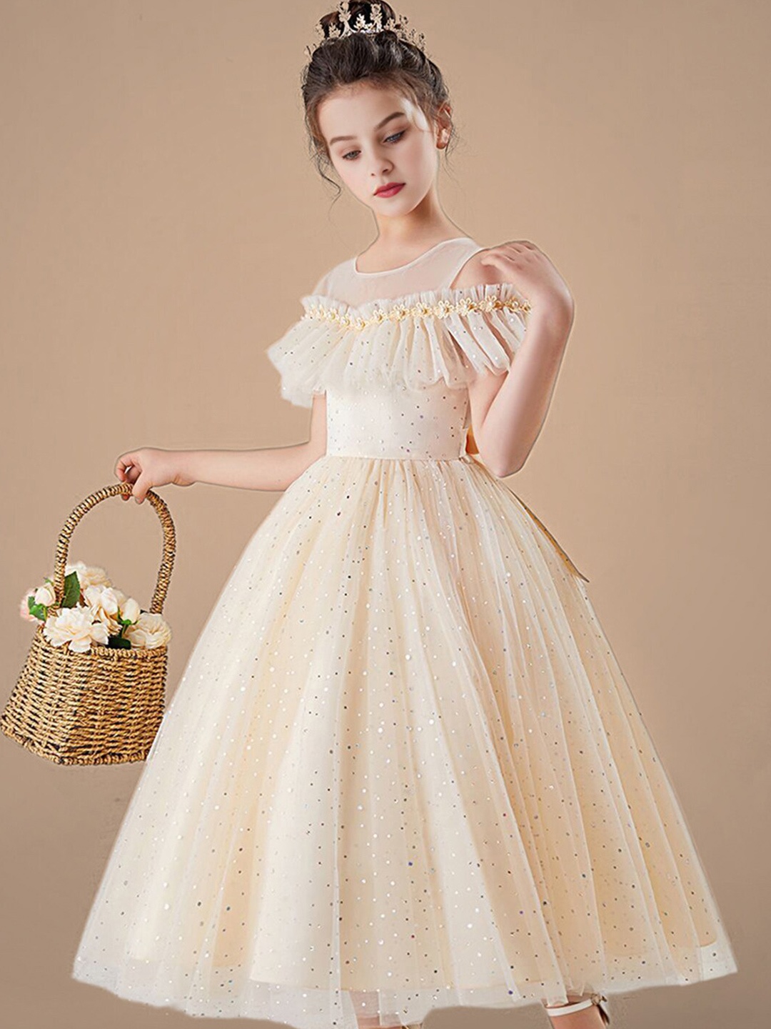 

INCLUD Girls Round Neck Cold Shoulder Sleeves Embellished Fit & Flare Dress, Beige