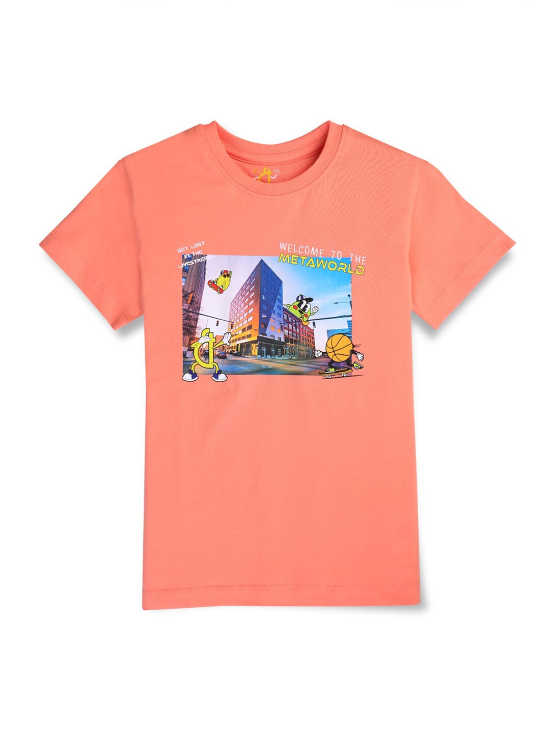 

Gini and Jony Boys Round Neck Short Sleeves Graphic Printed Cotton Regular Fit T-shirt, Peach