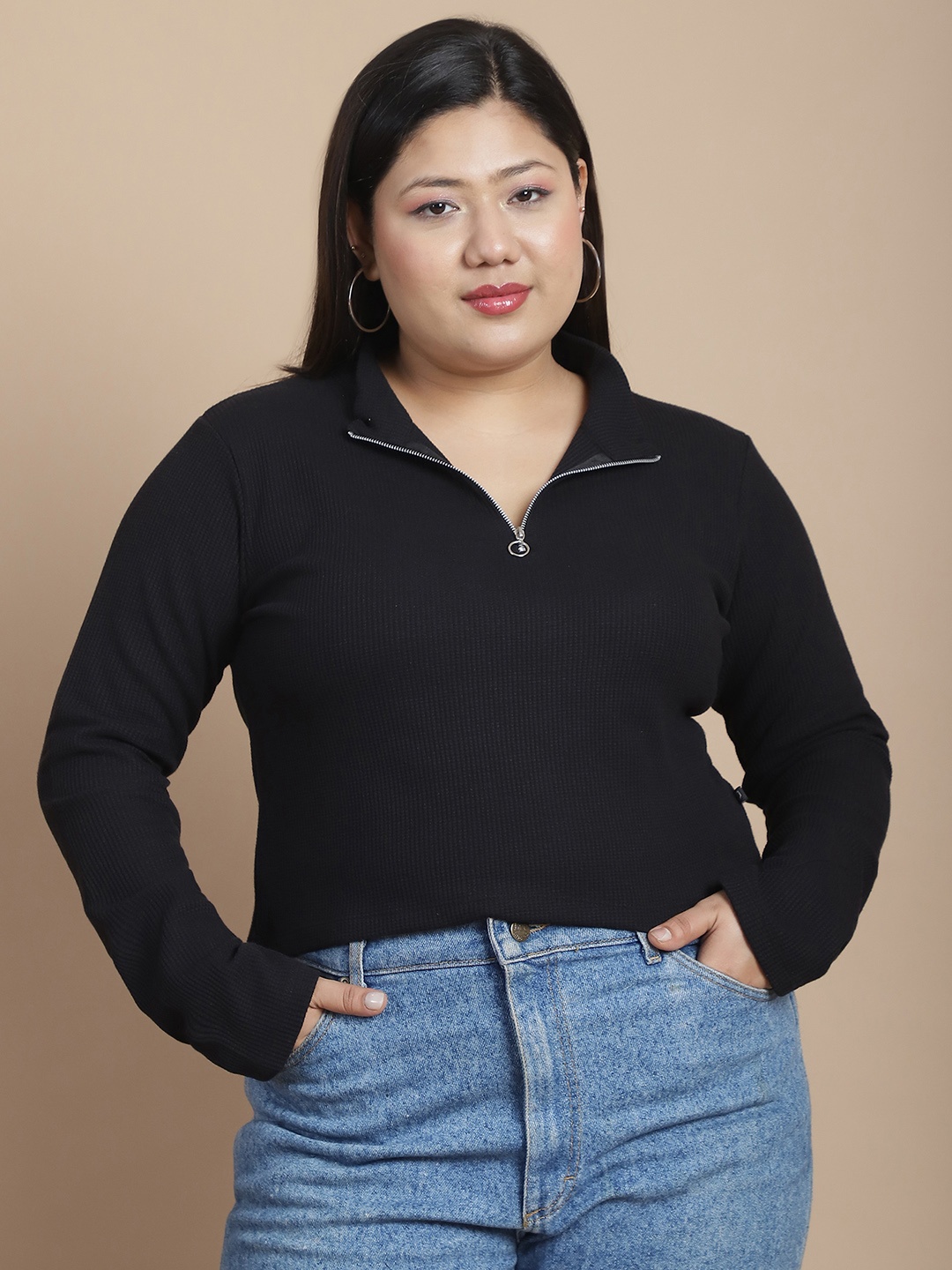 

Rigo Plus Size High Neck Cotton Crop Top, Black
