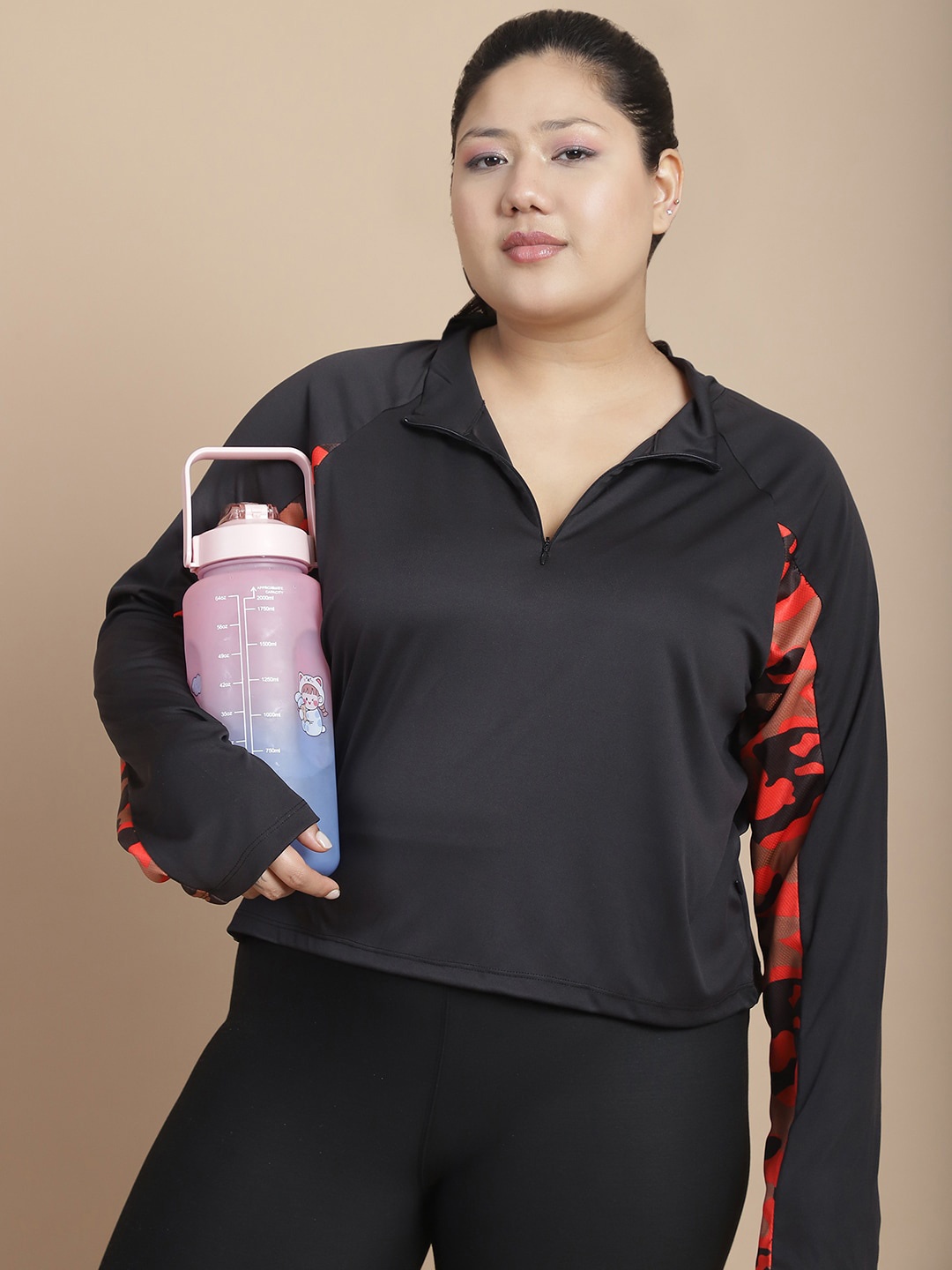 

Rigo Plus Size Printed High Neck Shirt Style Active Crop Top, Black