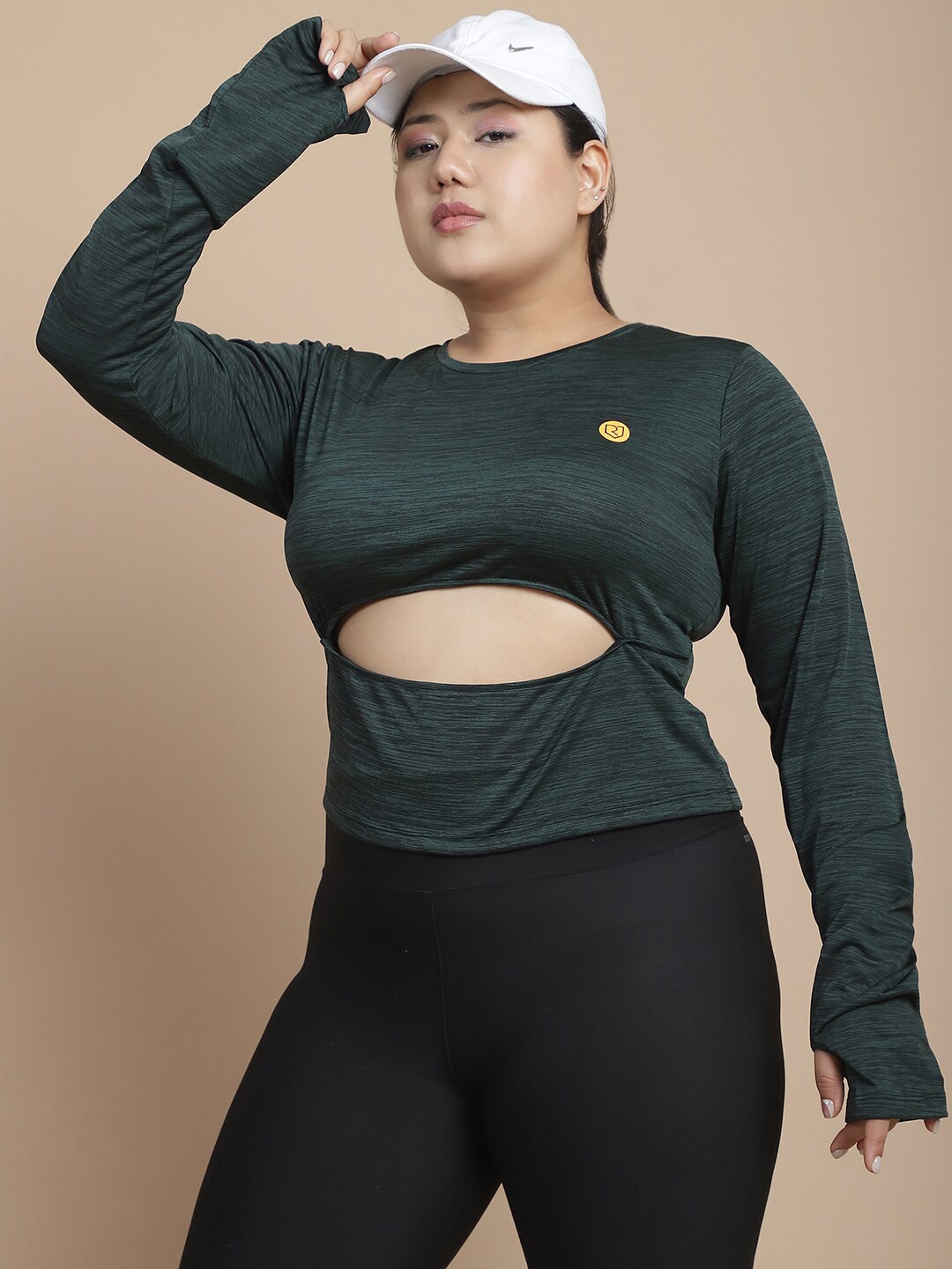 

Rigo Plus Size Thumb Hole Sleeves Crop Top, Green